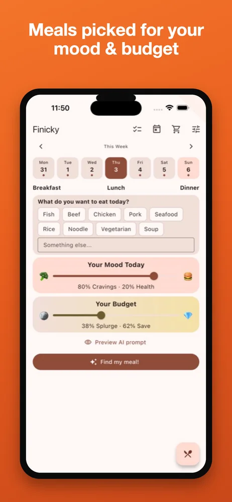 Finicky app showing mood and budget sliders with a Find my meal button