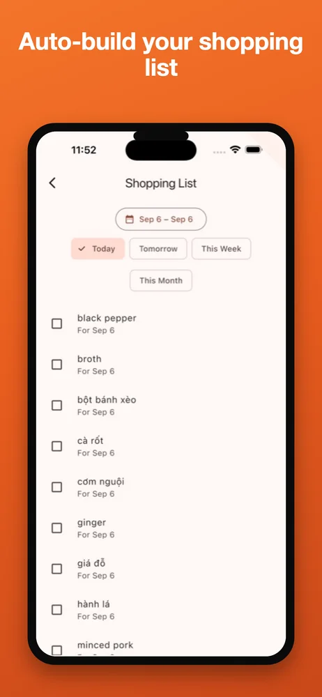 Auto-built shopping list for the week's meals